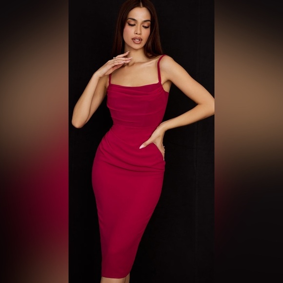 House of CB Dresses & Skirts - House of CB Jamille Draped Corset Georgette Midi Dress Red Size XS NWT